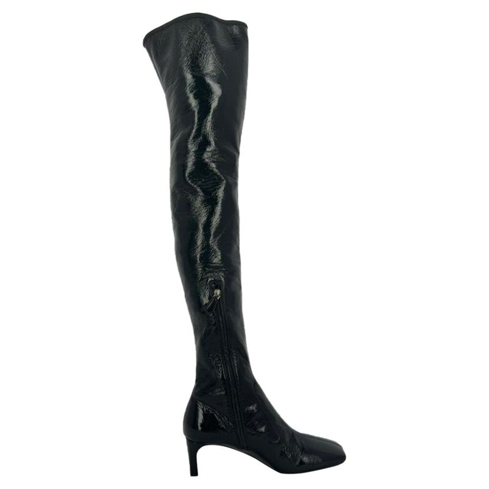 Prada Square-Toe Over-The-Knee Boots in Black Patent Leather